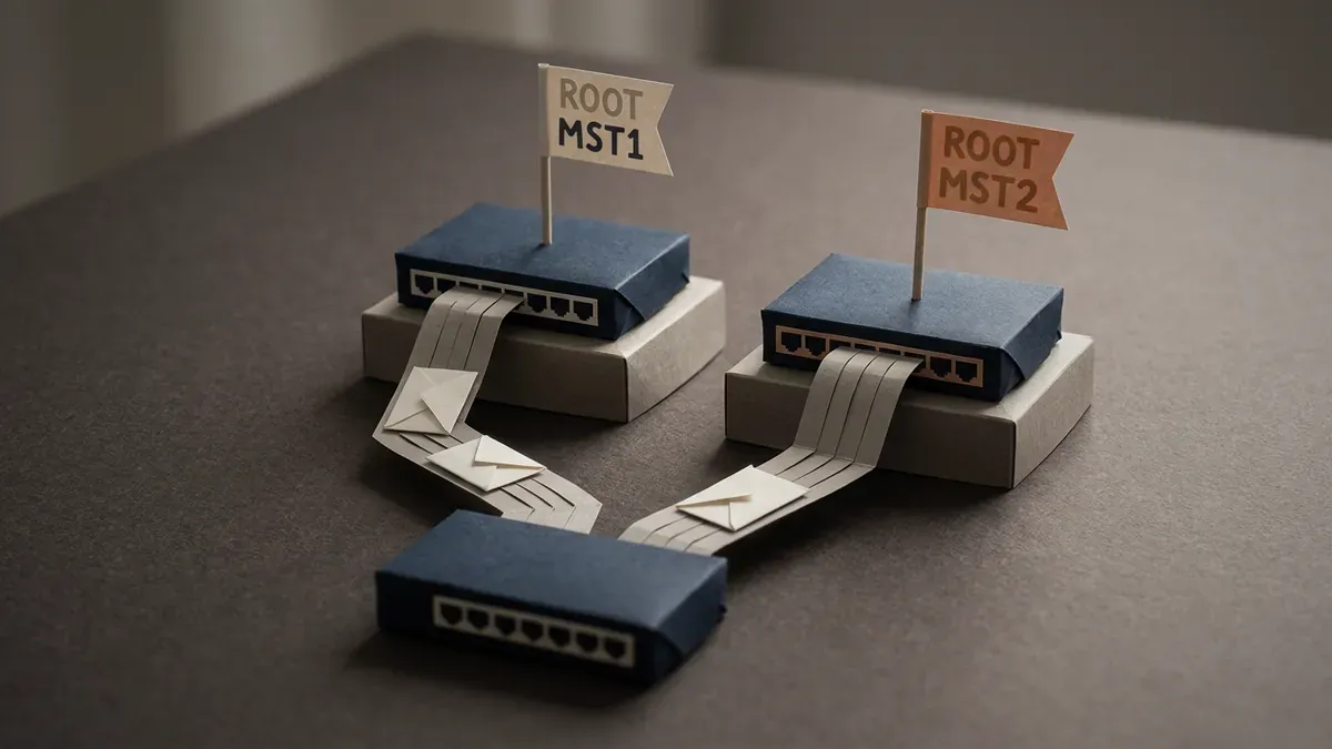 Paper-craft scene of two paper switches on pedestals flying flags reading ROOT MST1 and ROOT MST2, with two ribbon cables from a switch below, both carrying paper envelopes and neither blocked.