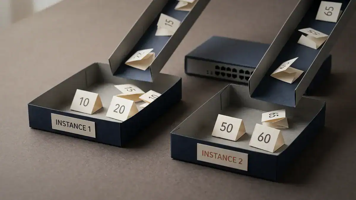 Paper-craft scene of folded paper number tags sliding down two chutes into two paper trays, the left labelled INSTANCE 1 holding tags 10 and 20, the right labelled INSTANCE 2 holding tags 50 and 60.
