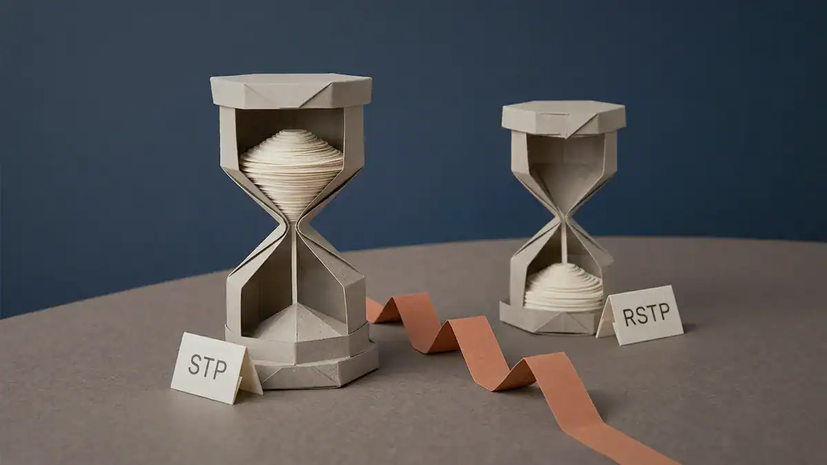 Paper-craft scene of two folded paper hourglasses side by side, the taller one labelled STP still holding most of its paper sand in the top bulb while the smaller one labelled RSTP has already finished, its sand settled in the bottom bulb.