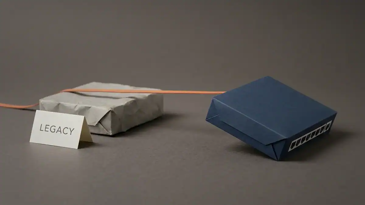 Paper-craft scene of a crisp navy paper network switch tilted forward as if straining to move, held back by a taut orange paper cord tied to a heavy crumpled grey paper block beside a card reading LEGACY.