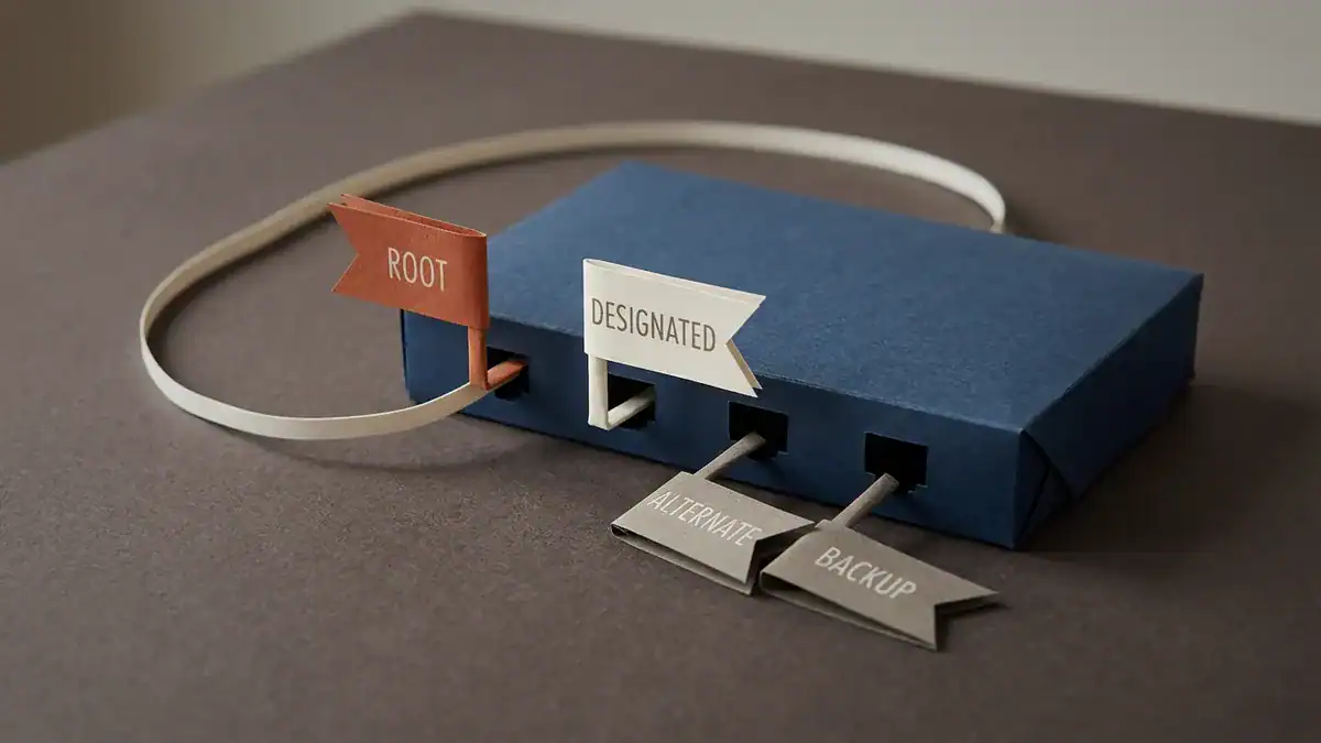 Paper-craft scene of a navy paper network switch with four small paper flags rising from its ports: an orange ROOT flag and a white DESIGNATED flag standing upright, and grey ALTERNATE and BACKUP flags folded flat against the table.