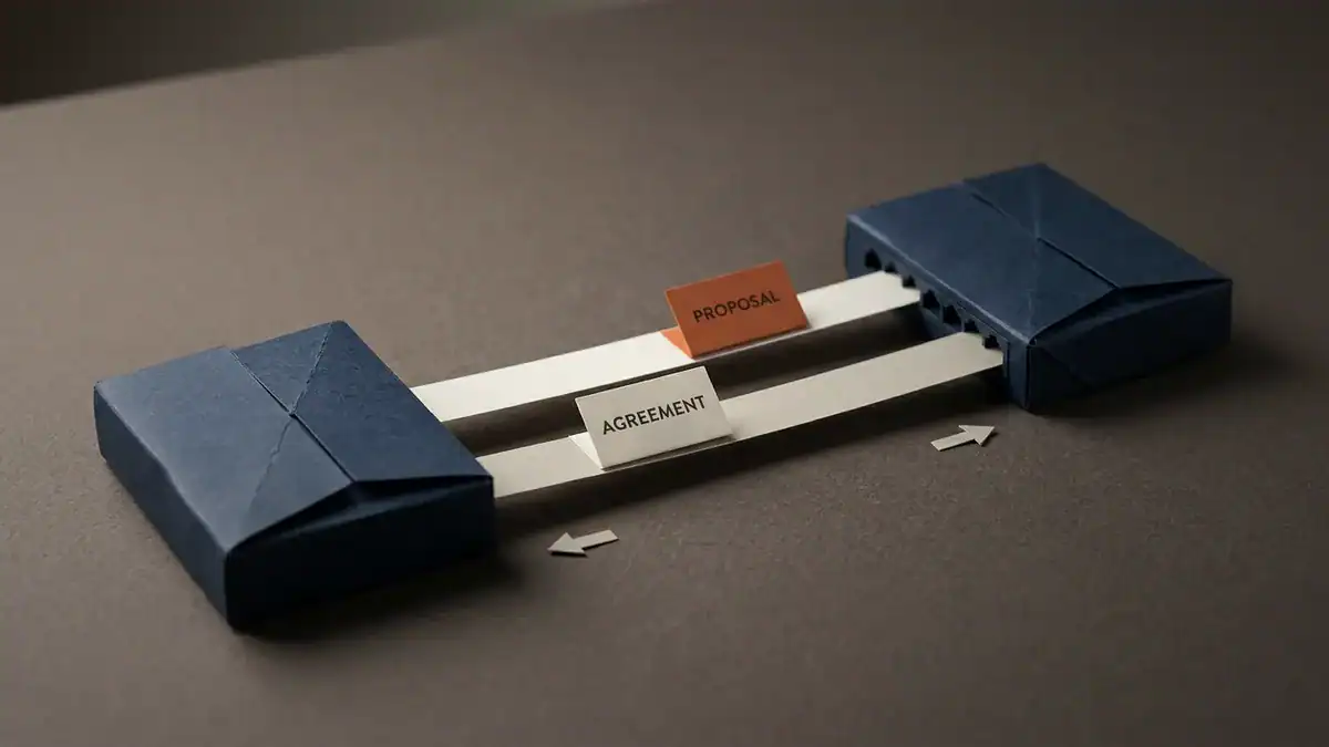 Paper-craft scene of two navy paper network switches joined by paper ribbons, with an orange note reading PROPOSAL travelling one way and a white note reading AGREEMENT travelling back the other, small paper arrows marking each direction.