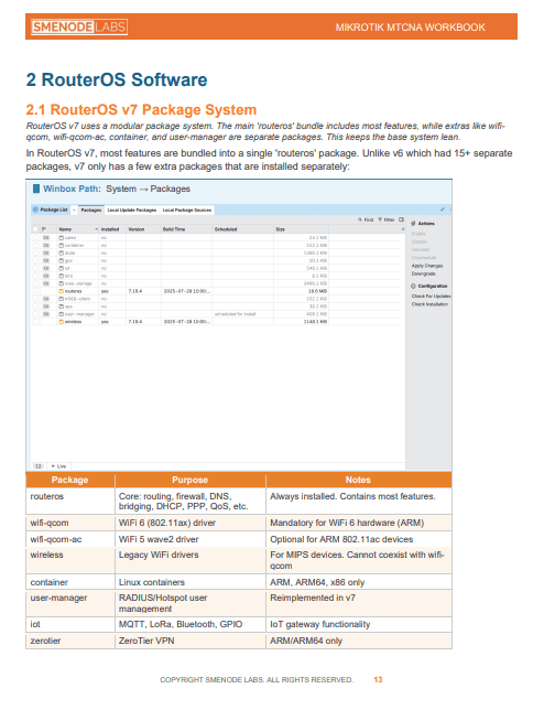 Mikrotik RouterOS v7 Package System interface for network management.