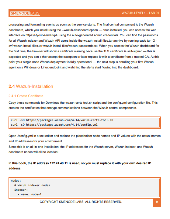 Wazuh installation process with curl commands for downloading necessary scripts and configuration fi.