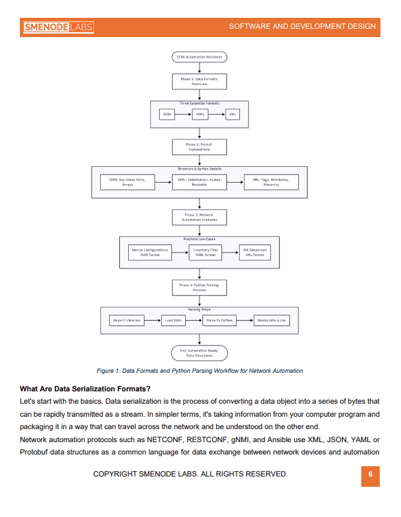 Flowchart of data formats and Python parsing workflow for network automation.