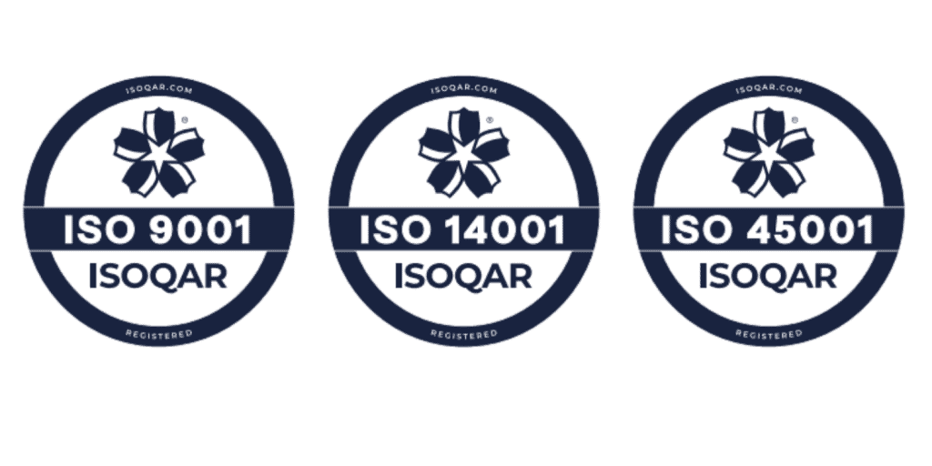ISO 9001, ISO 14001, and ISO 45001 certification logos by ISOQAR