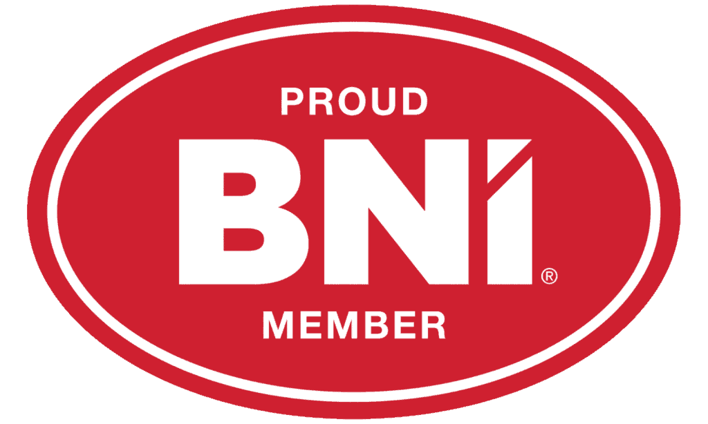 Proud BNI member logo with bold white letters on red oval background