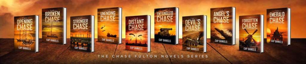Mystery book series by Cap Daniels with sunset background, perfect for book lovers and readers.