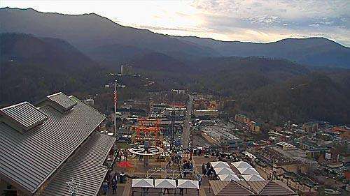 Panoramic view of Smoky Mountains and downtown Gatlinburg, Tennessee from Smoky Fans Social event.