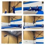 collection of images in a large hanger with safety ropes