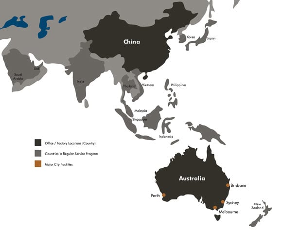 China map highlighting office locations with Softlogic Australia office in dark brown.