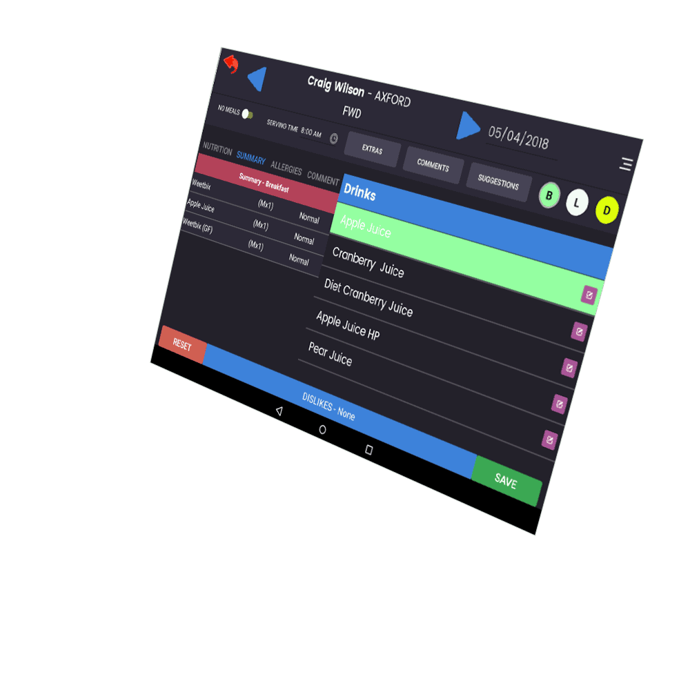 Android tablet displaying nutritional tracking app with drink options, colorful interface, and dietary management features.