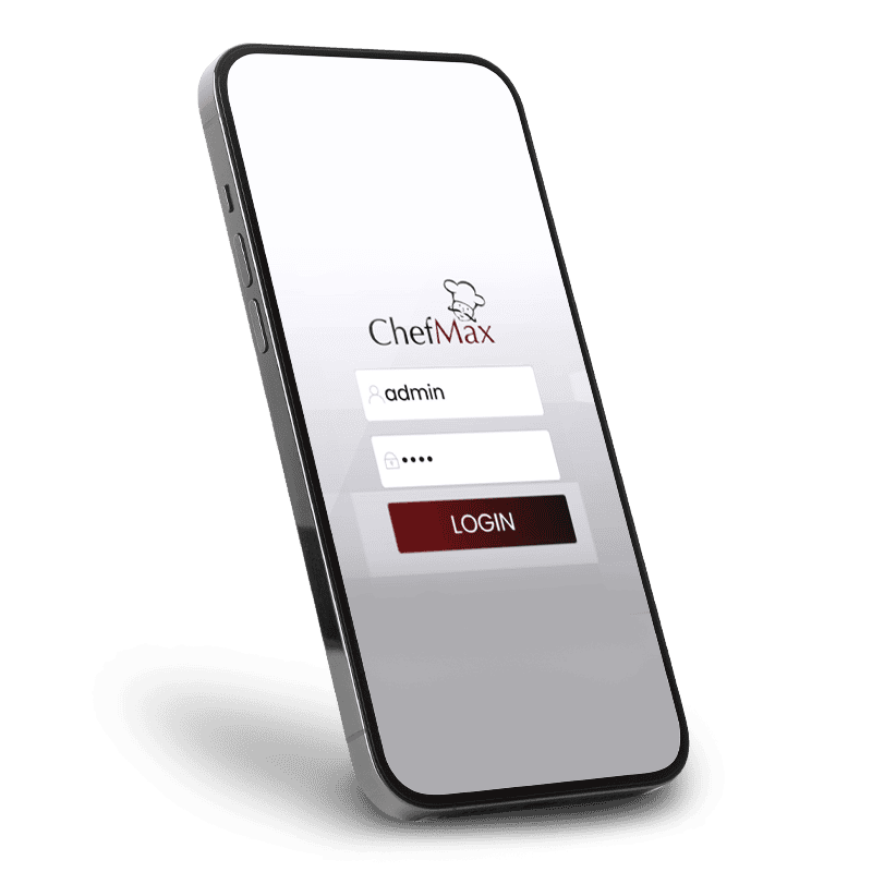 ChefMax restaurant management app login screen on smartphone, digital interface for kitchen operations, high-tech hospitality technology.