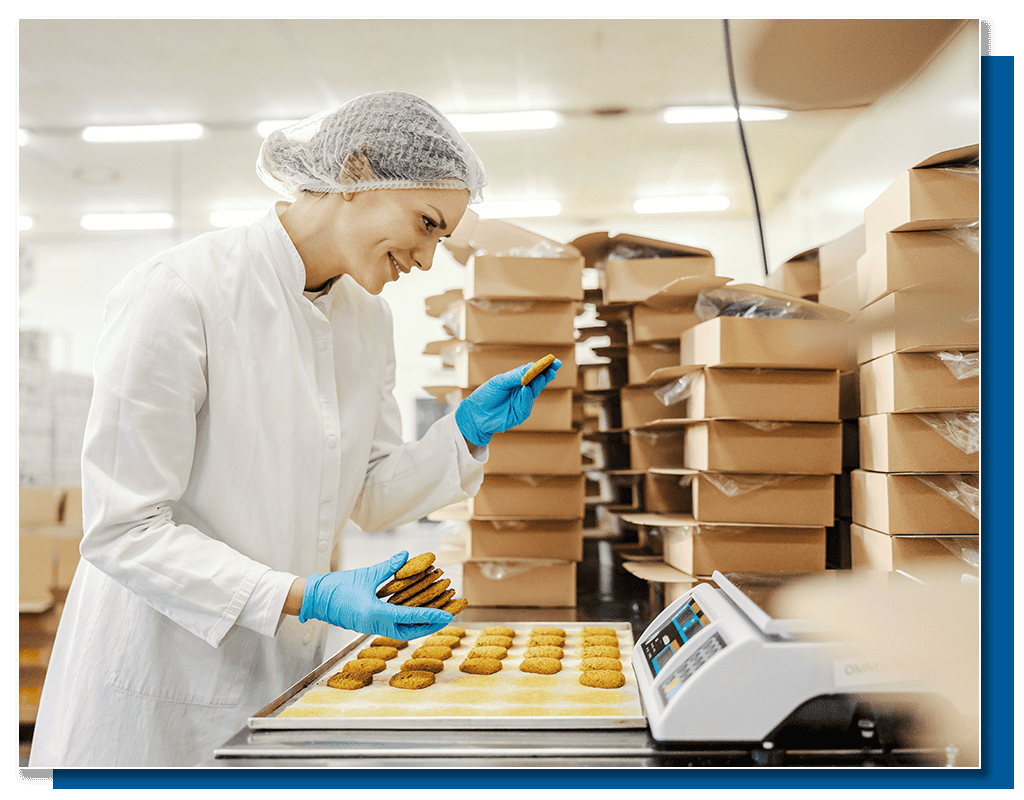 Food manufacturing quality control at bakery, food quality assurance in food production facility, bakery product inspection and packaging process.