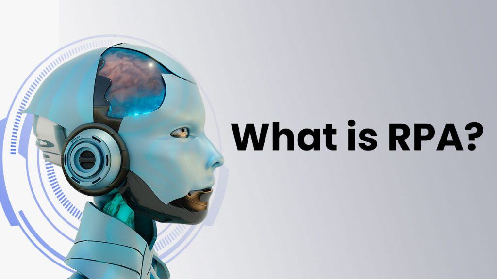 AI robot head with headphones and futuristic design for RPA concept.