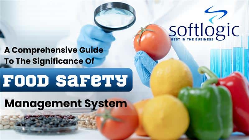 inspecting a tomato with a magnifying glass, surrounded by fresh produce and lab equipment, highlighting food safety management system