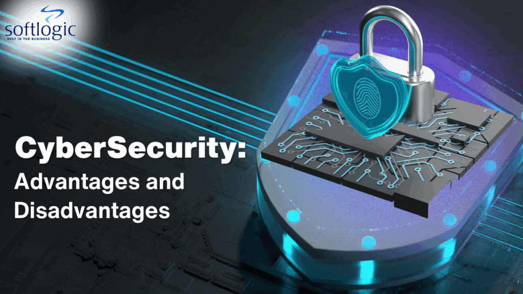 Digital padlock on a circuit board representing cybersecurity, with text about its advantages and disadvantages