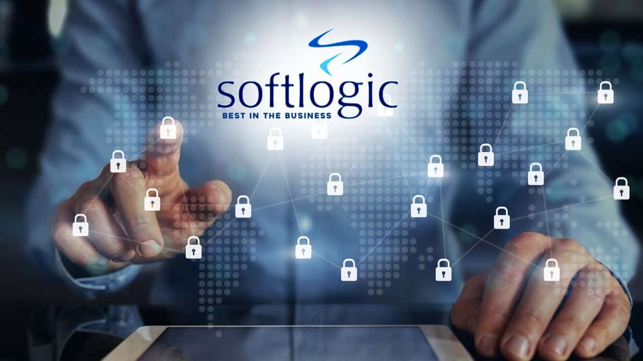 Secure digital network with lock icons representing cybersecurity for Softlogic Australia.