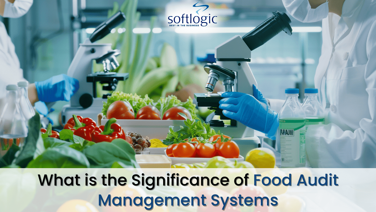 Scientists analyzing fresh produce in a lab with microscopes, highlighting food audit management systems.