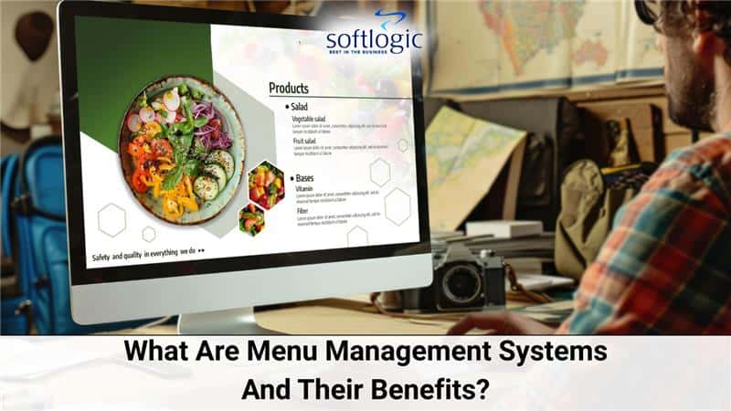 Person viewing a digital food menu on a desktop screen, with the text 'What Are Menu Management Systems And Their Benefits?