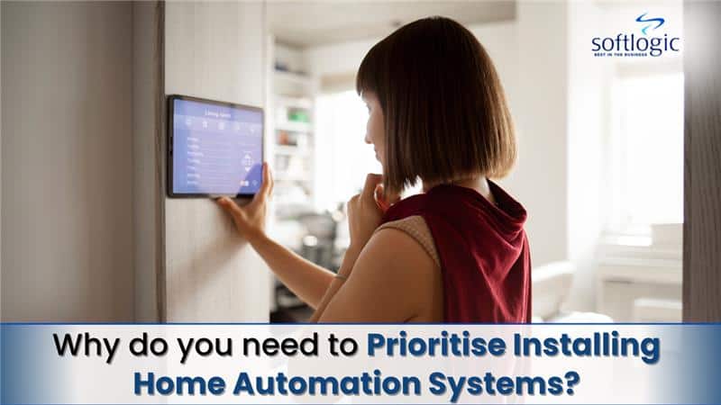Person using a wall-mounted smart home control panel with text asking about the importance of installing home automation systems.