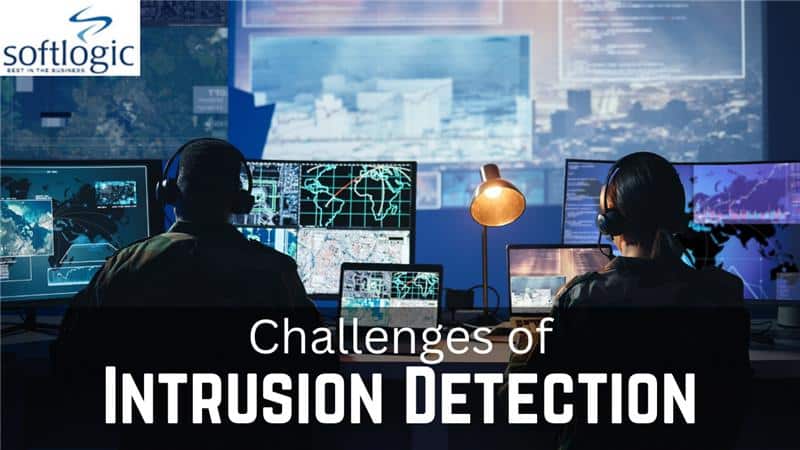 Two analysts monitoring multiple screens in a cybersecurity operations center with the text 'Challenges of Intrusion Detection