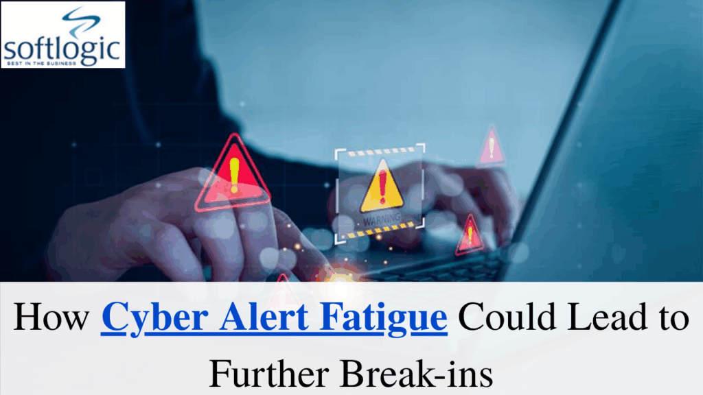 Person typing on laptop with digital warning icons and alert symbols, highlighting cyber alert fatigue risks.