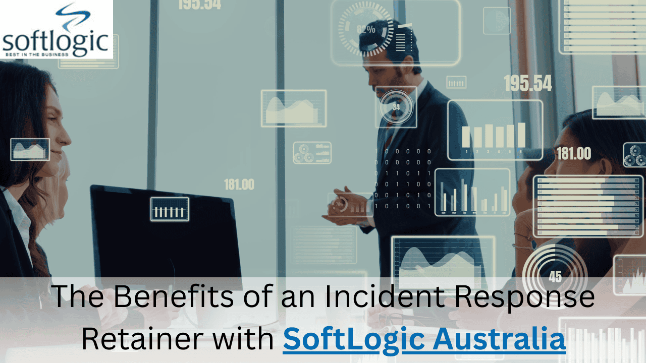Business meeting with digital data overlays, highlighting benefits of incident response retainer with SoftLogic Australia.