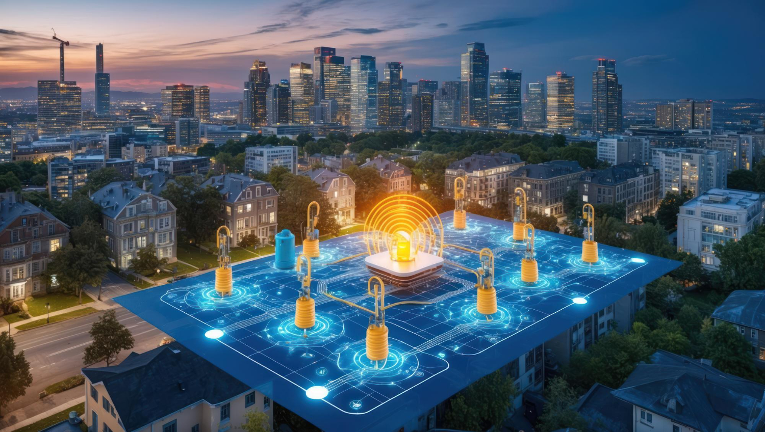 Smart building technology with rooftop IoT sensors in an urban cityscape.