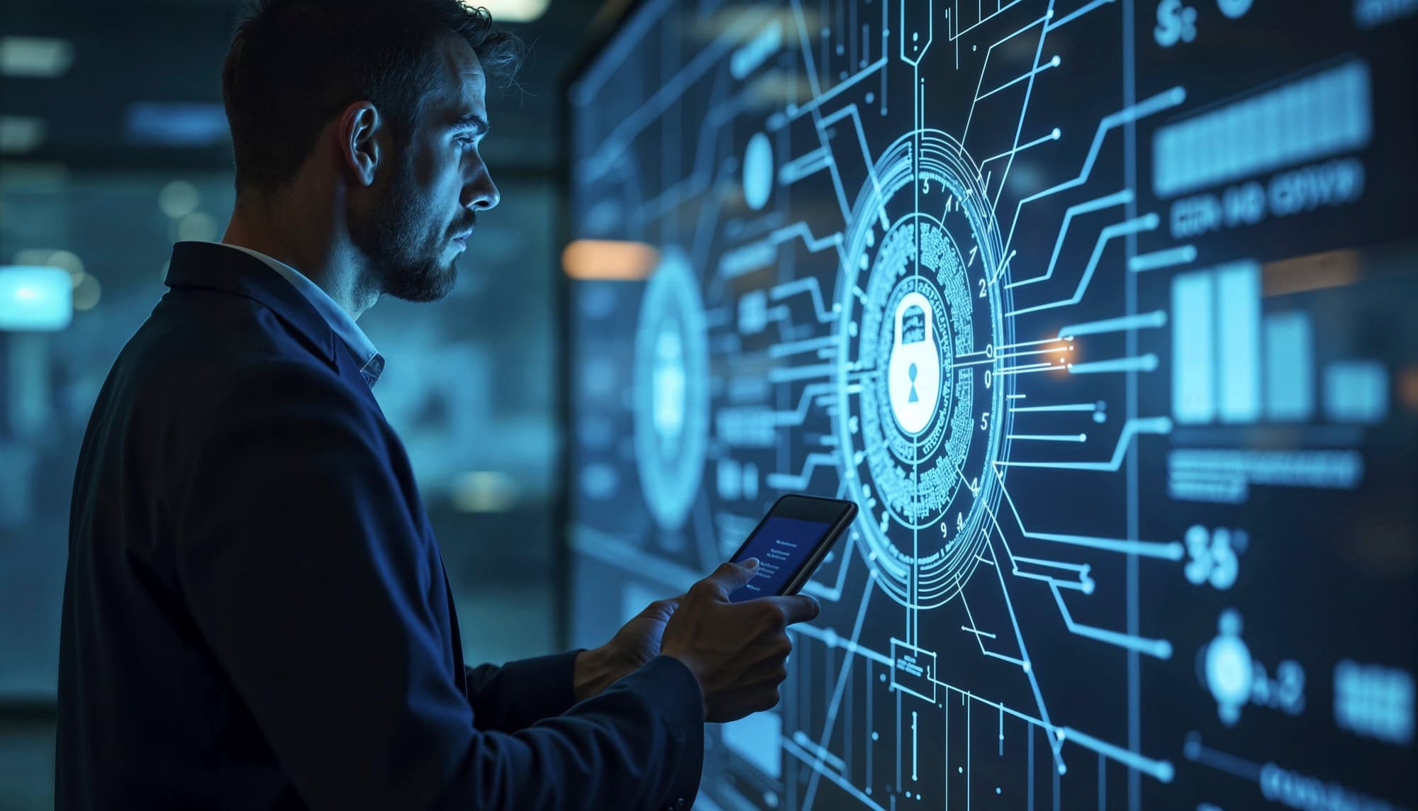 Advanced cybersecurity technology with digital lock visuals in a modern office environment.