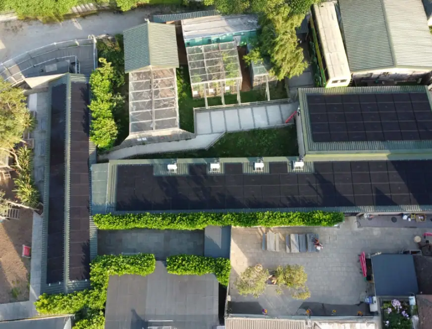 Aerial view of solar panel installations on residential rooftops showcasing renewable energy solutions and eco-friendly green buildings.
