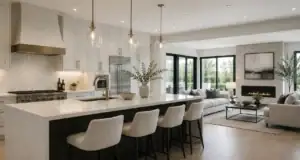 Spacious modern kitchen with white cabinetry, marble countertops, and a large island, adjacent to a bright living room with a fireplace and large windows.