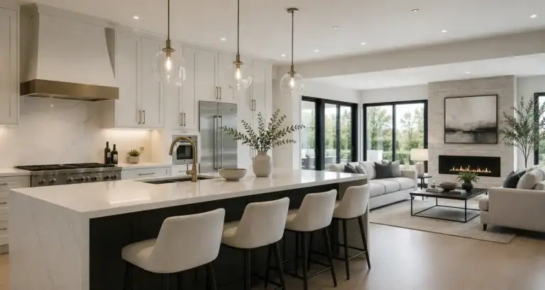 Spacious modern kitchen with white cabinetry, marble countertops, and a large island, adjacent to a bright living room with a fireplace and large windows.