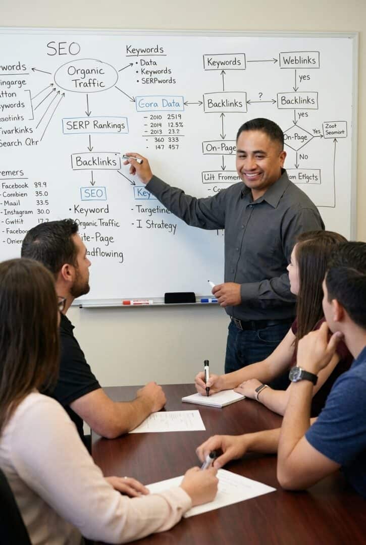 Joaquin at Solutionarian Marketing & Web Design leading a marketing strategy whiteboard session.