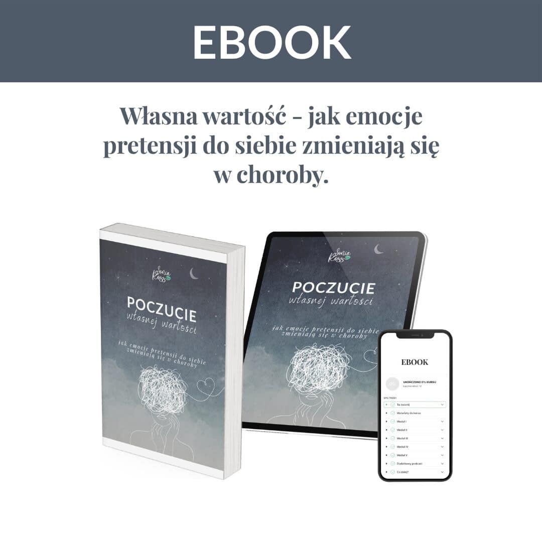 Ebook o emocjach pretensji i ich wpływie na zdrowie, z ilustracją książki i urządzeń cyfrowych.