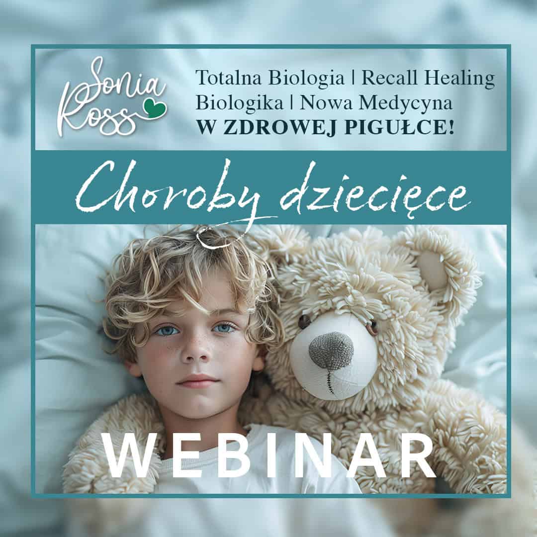 Młody chłopiec z pluszowym misiem, promujący webinar o chorobach dziecięcych i zdrowiu.