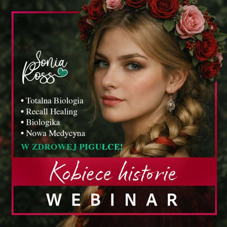 Kobieta z kwiatami na głowie, promująca webinar o Totalnej Biologii.