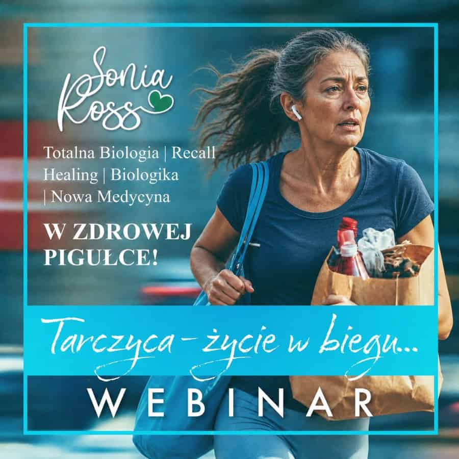 Sonia Ross podczas biegu z torbą na zakupy, promująca webinar o Totalnej Biologii.