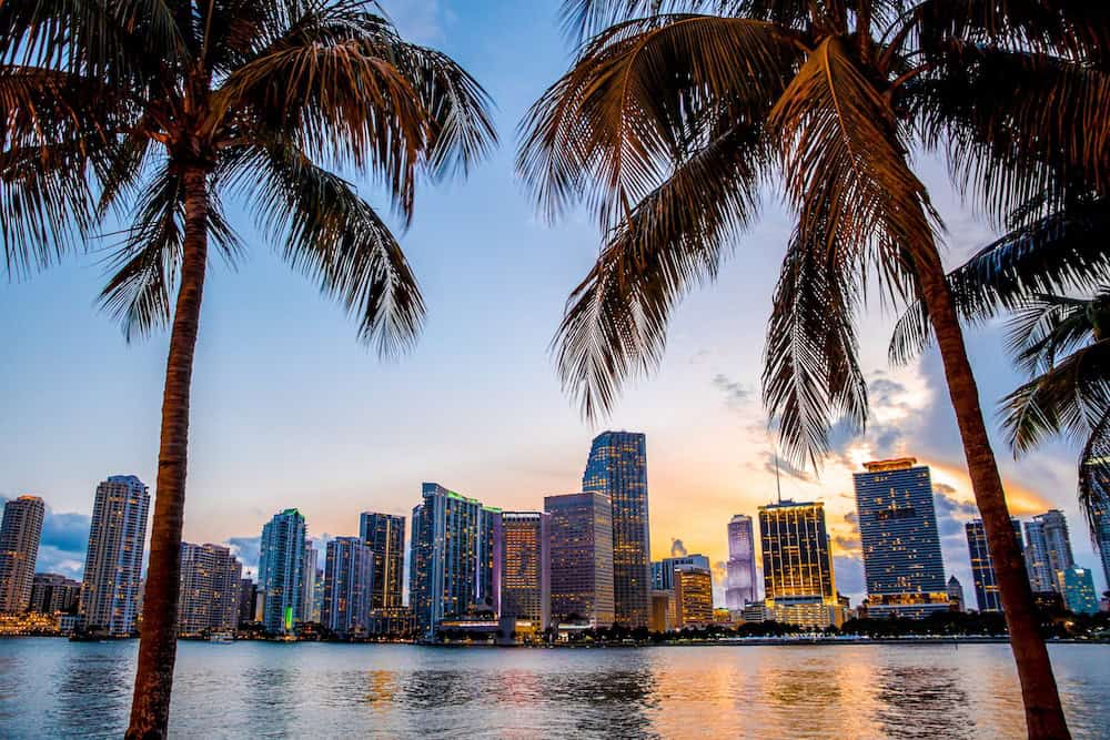 Miami, Florida skyline and bay at sunset