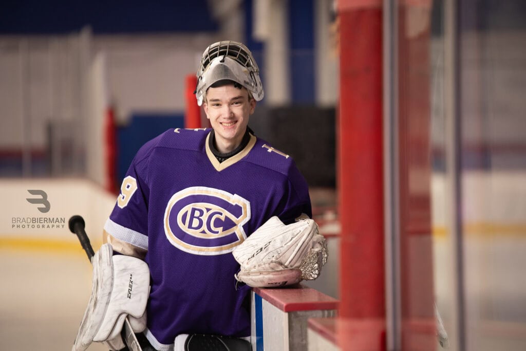 Senior sports portrait of Logan Torrence, hockey goalie for CBC High School in St. Louis, Missouri