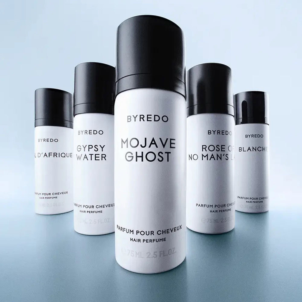 Byredo Hair Perfume line - aldehydes, rose centifolia, peony, violet, sandalwood, and musks Byredo Hair Perfume line with Blanche Hair Perfume notes of aldehydes, rose centifolia, peony, violet, sandalwood, and musks