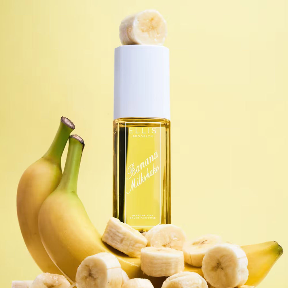 Ellis Brooklyn Banana Milkshake Hair & Body Mist - banana milk, vanilla orchid, ice cream, rum, and tonka bean Ellis Brooklyn Banana Milkshake Hair and Body Mist with banana milk, vanilla orchid, ice cream, rum, tonka bean, and creamy fruit gourmand facets