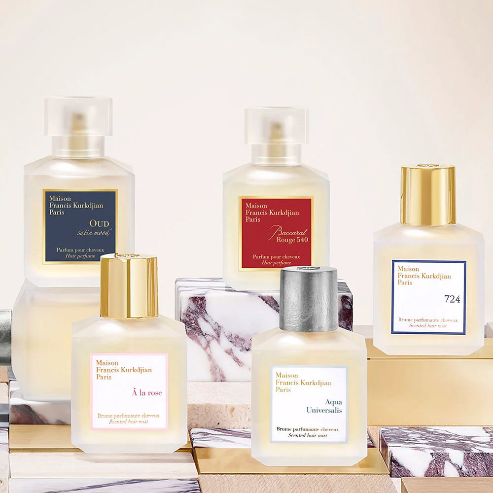 Maison Francis Kurkdjian Scented Hair Mists - jasmine, saffron, ambergris nuances, and cedarwood Maison Francis Kurkdjian Scented Hair Mists with Baccarat Rouge 540 hair perfume facets of jasmine, saffron, ambergris nuances, and cedarwood