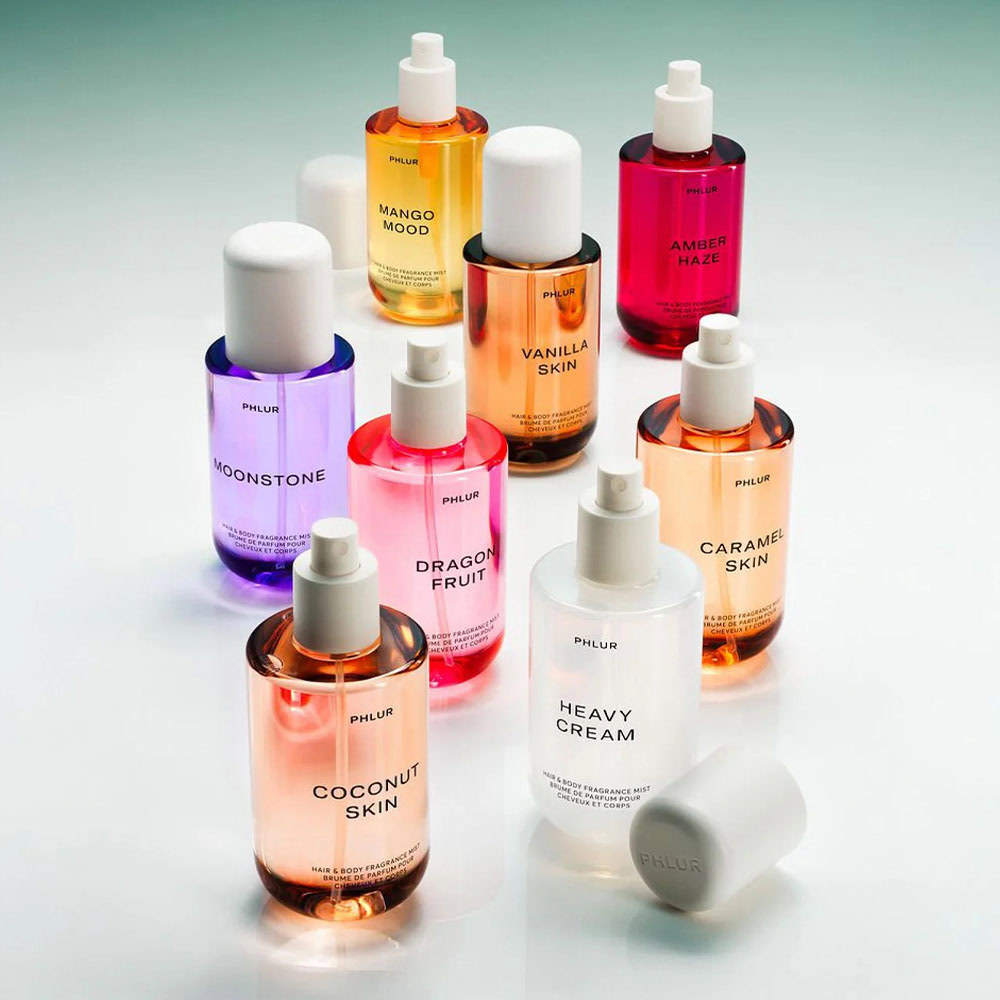 Phlur Body Mists - tropical fruit, skin musk, creamy gourmand notes, aquatic freshness, and solar florals Phlur Body Mists collection with tropical fruit, creamy gourmand notes, skin musk, aquatic freshness, solar florals, and soft body fragrance formats