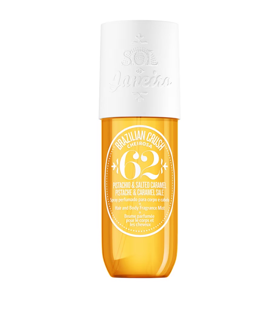 Sol de Janeiro Cheirosa 62 - pistachio, almond, vanilla, salted caramel, and sandalwood Sol de Janeiro Cheirosa 62 fragrance mist with pistachio, almond, heliotrope, jasmine petals, vanilla, salted caramel, and sandalwood