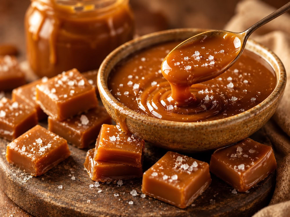 Salted caramel accord with creamy caramel facets, soft salt, vanilla, tonka bean, amber, musk, sandalwood, pistachio, benzoin, and warm gourmand fragrance depth