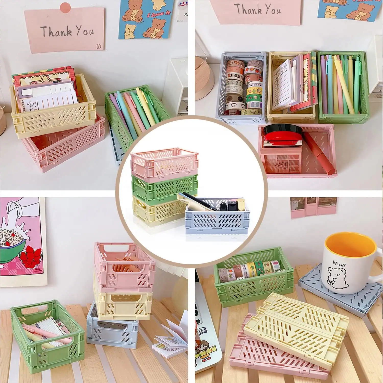 Bright plastic baskets for small space storage and organization.