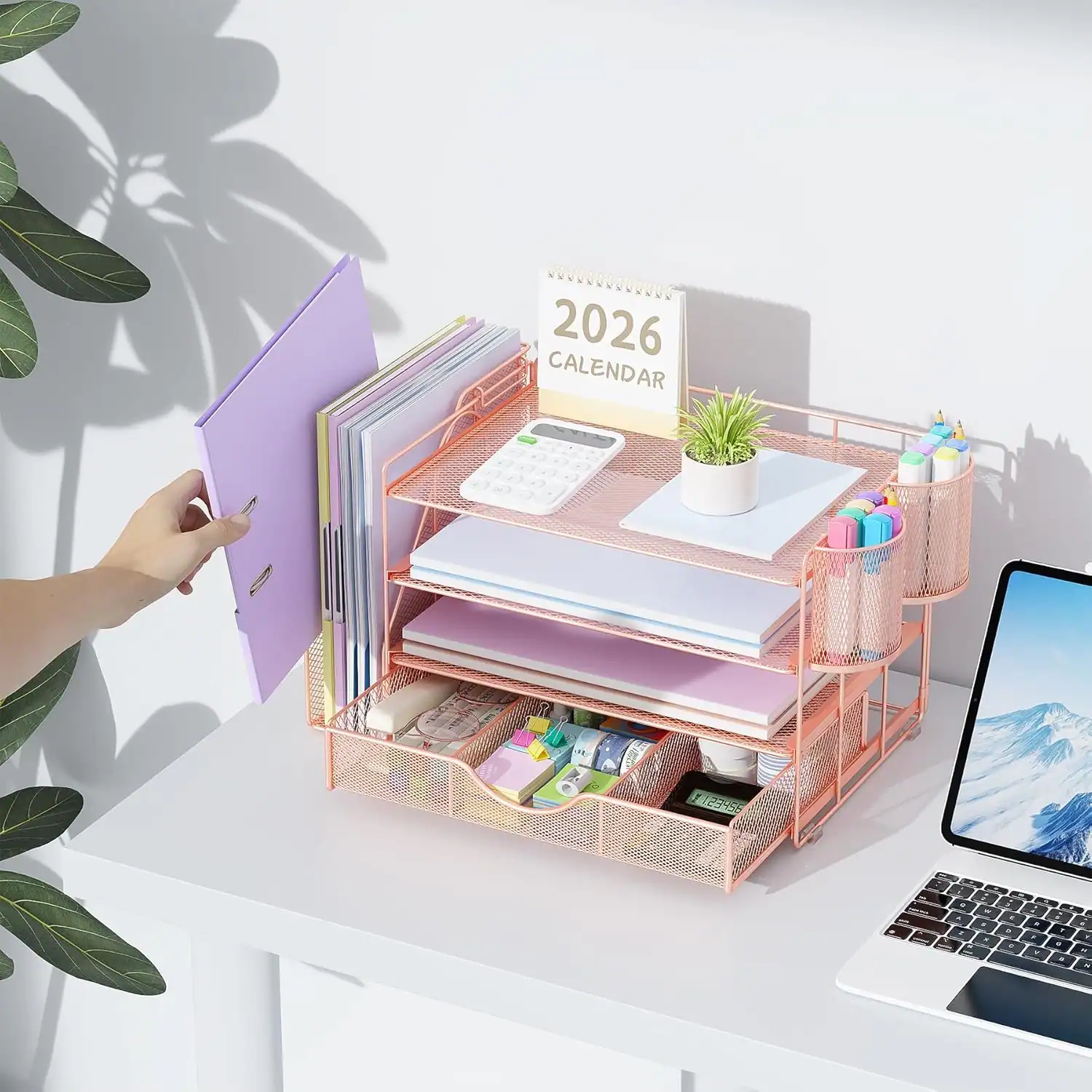 Efficient dorm desk organizer with files, stationery, and accessories for small space management.