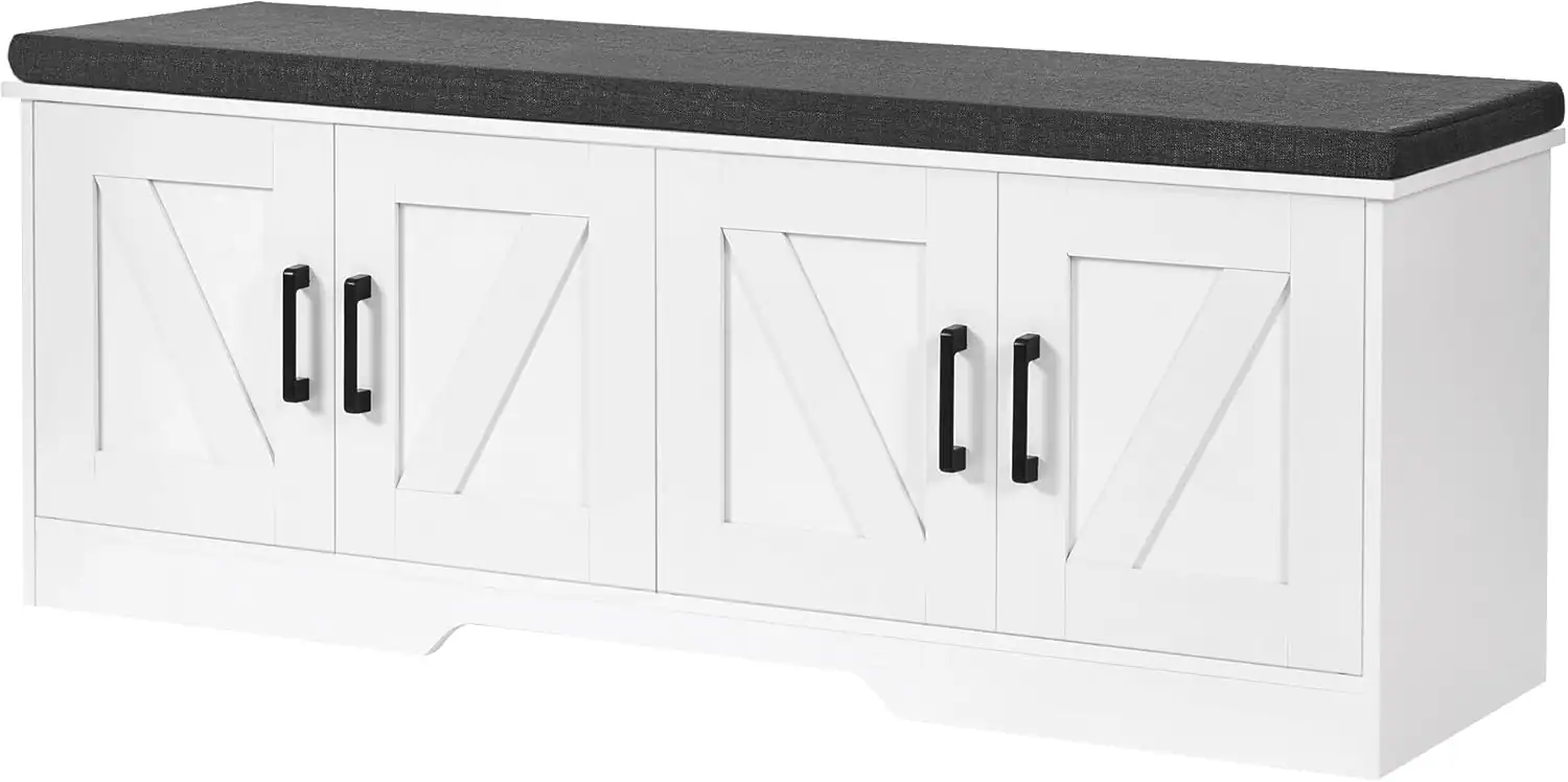 Entryway storage bench for small apartments with white finish and black hardware.
