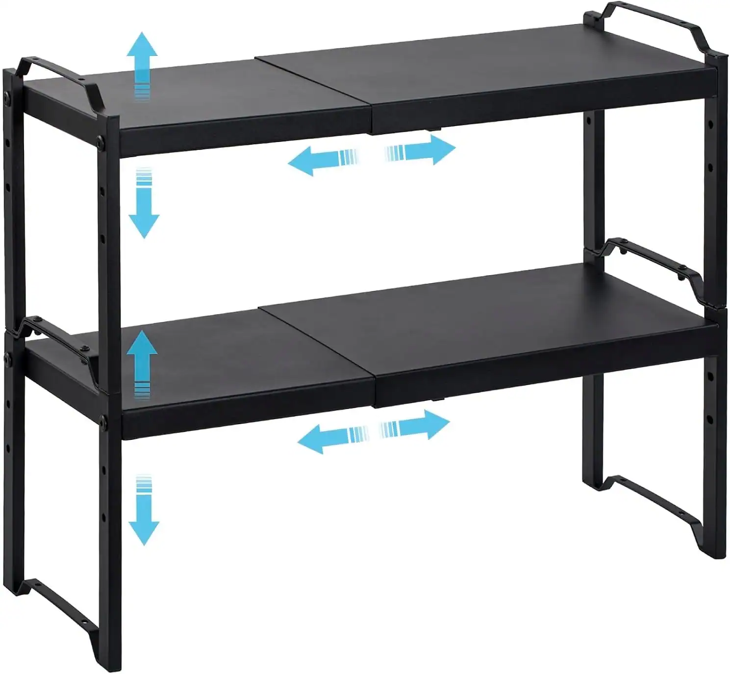 Adjustable black kitchen shelf for small apartment organization and storage.